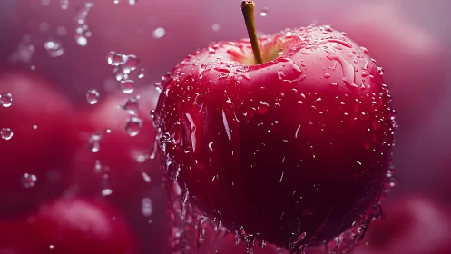 Photorealistic wet red apple in dynamic splash lighting.