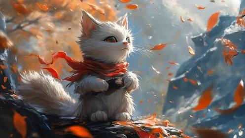 Luminescent White Feline with Autumnal Chromatic Particulates.