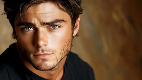 Close portrait of intense young man with stubble and gaze.