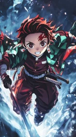 Fiery young swordsman cleaves through a storm of shattered ice.