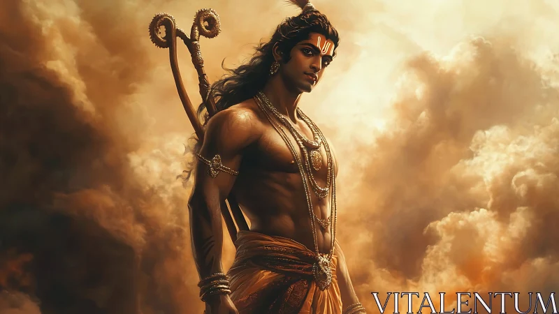 Mythic male archer figure before dense golden clouds.