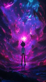 Silhouetted explorer drinks in a neon-swirled cosmic rift