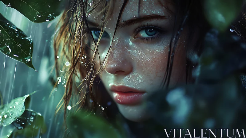 Rain-soaked gaze framed by lush foliage and blue haze.