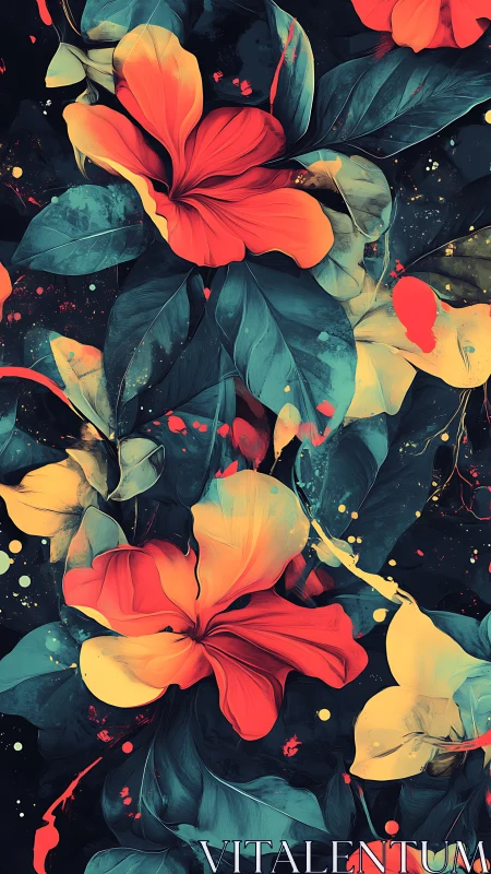 Vibrant Floral Composition with Red and Yellow Blooms on Dark Background