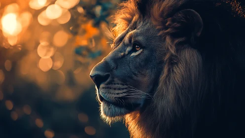 Backlit lion profile rendered with shallow depth and warm bokeh