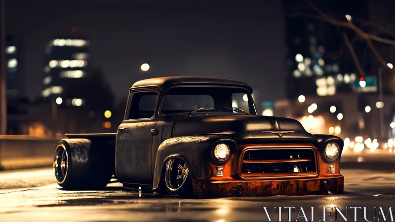 Rustic slammed pickup truck under city night lights.