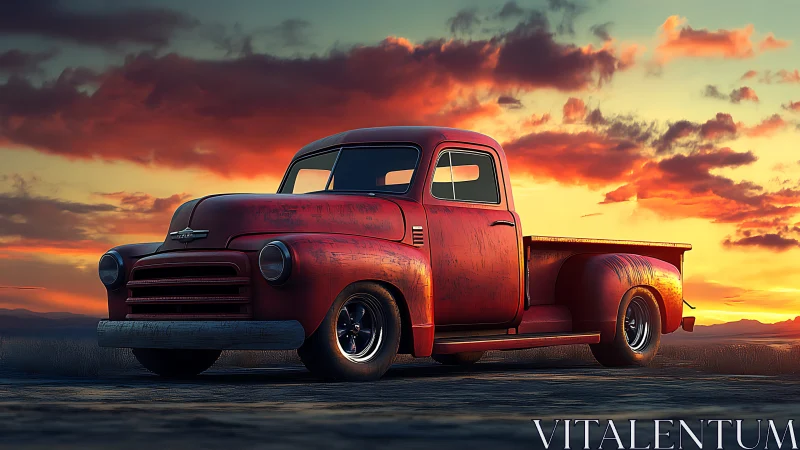Red vintage pickup truck parked on open road at sunset.