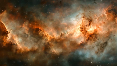 Fiery orange and teal nebula cloud in deep outer space