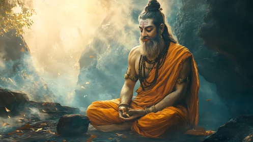 Bearded ascetic in orange robe meditating in rocky forest.