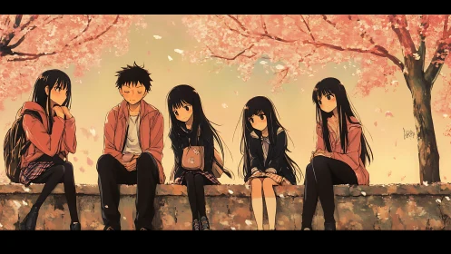 Cherry blossom bench scene with introspective anime students.