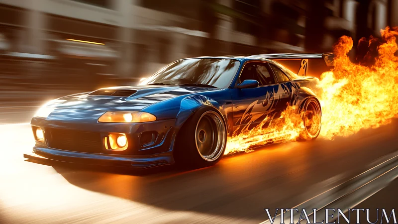 Photorealistic street racer with dynamic flame trail composition.