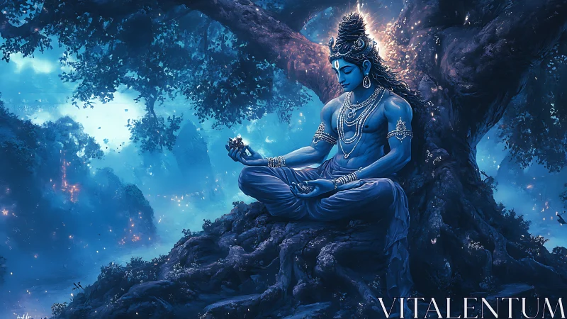 Divine blue deity meditating beneath luminous cosmic tree.