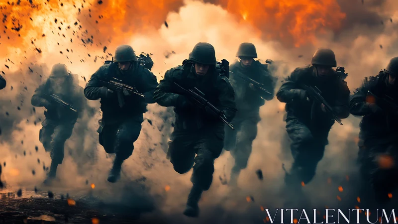 Soldiers sprint through battlefield explosions and smoke.