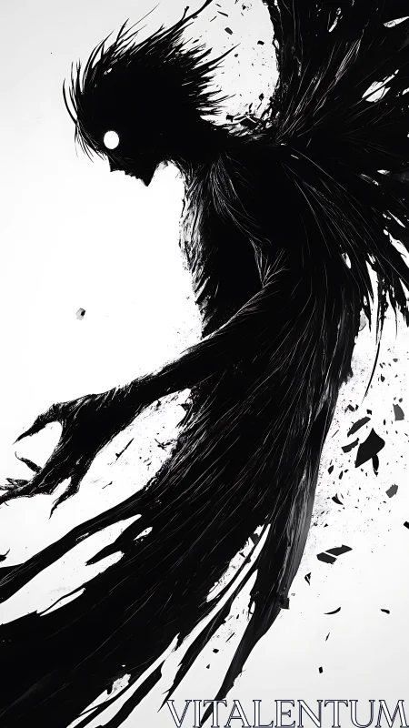 High contrast ink silhouette of spectral winged shadow entity