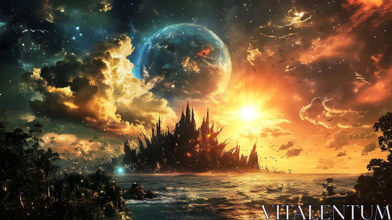 Dramatic alien seascape with spired city at sunset.