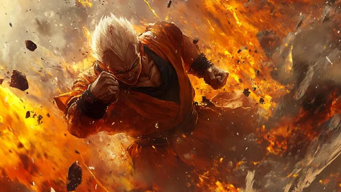 Explosive anime warrior charges forward through eruptive flames