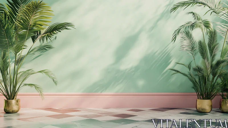 Tropical indoor palms in gold planters against mint wall backdrop