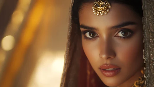 Photorealistic portrait of woman in ornate golden veil.
