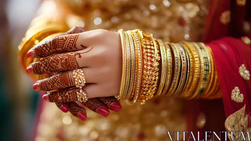 Henna-wrapped hands whisper stories through layered gold bangles