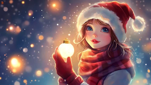 Girl in Santa hat admires glowing ornament on snowy night