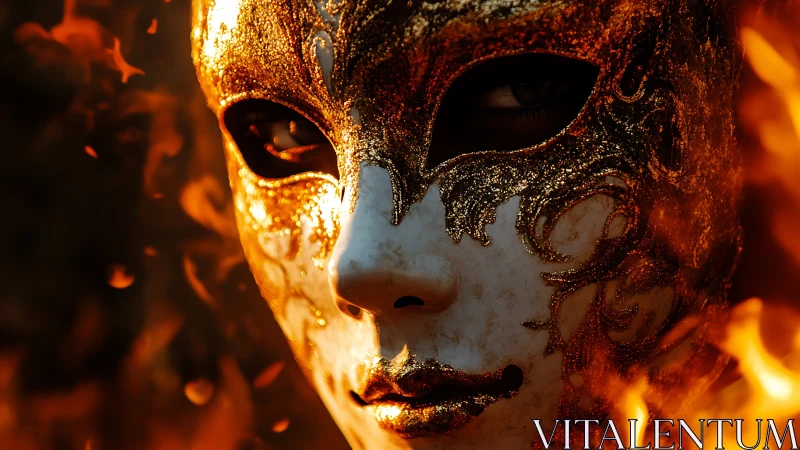 Masked face with gold filigree details framed by bright flames