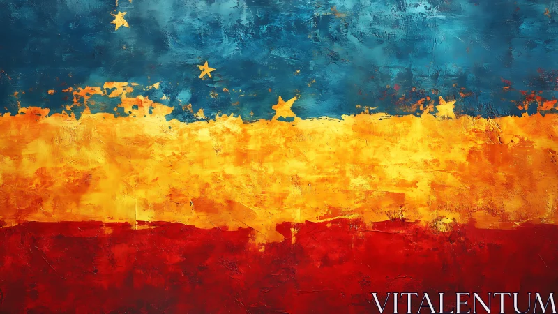 Bold tricolor sky glows with textured stars and warm light