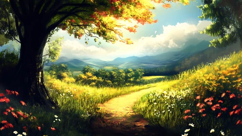 Sunlit wildflower trail curling toward painted hills.