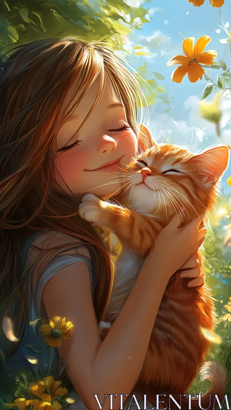 Girl Holding Ginger Cat in Garden. Joyful Bond.
