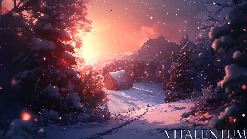 Snowdrifts blush warmly as dusk crowns a hidden cabin