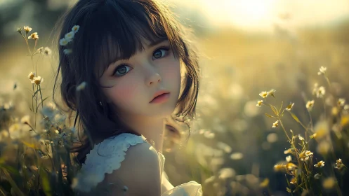 Young figure with stylized face seated in sunlit field.