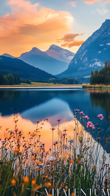 Alpine lake sunset with wildflower shore reflection.