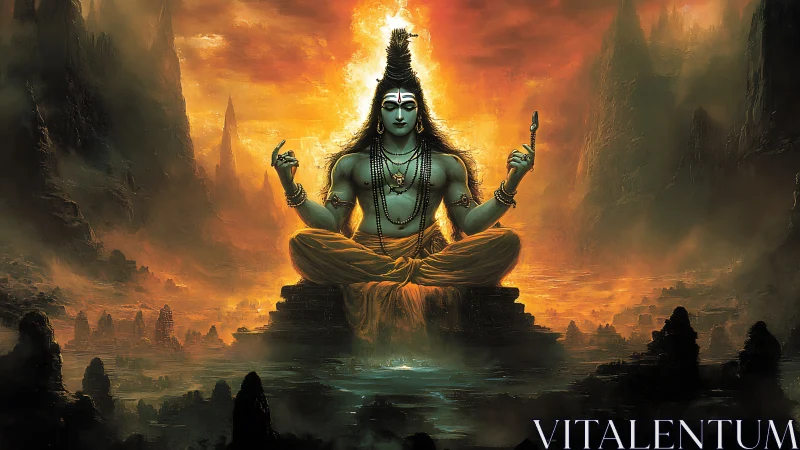 Blue-skinned deity seated in meditation amid fiery canyon