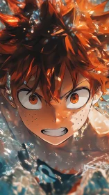 Intense orange‑haired swimmer surges through dynamic water.