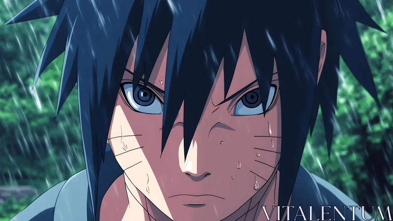 Anime boy stares forward in rain with intense expression