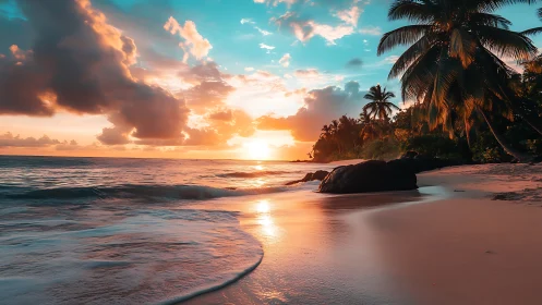 Tropical sunset illuminates palm-fringed shoreline with warm glow