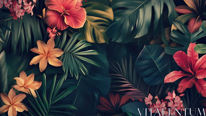 Tropical Botanical Composition with Vivid Blooms.
