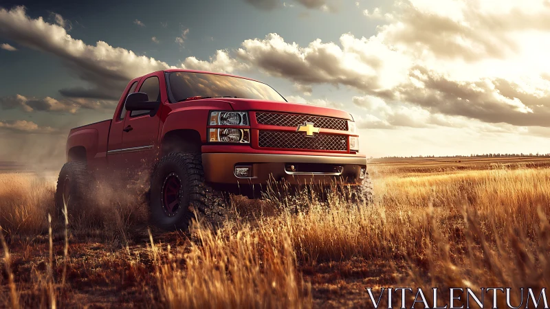 Powerful red pickup truck roars across golden open plains.