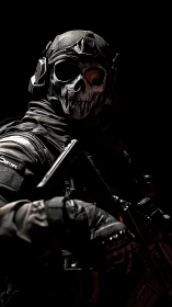 Tactical skull-masked operator emerges from deep shadows.