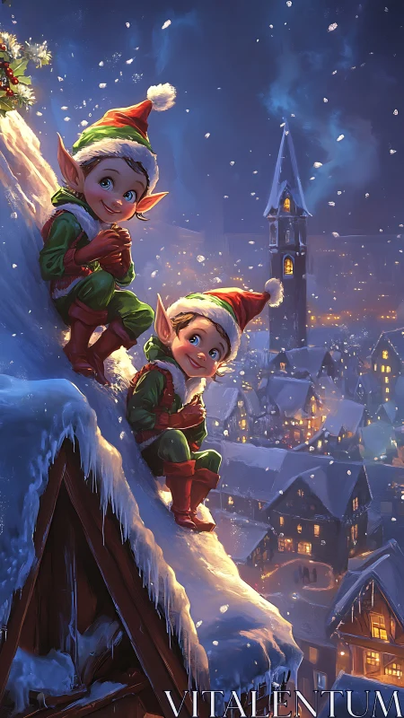Snowy rooftop elves scouting a glowing Christmas village.