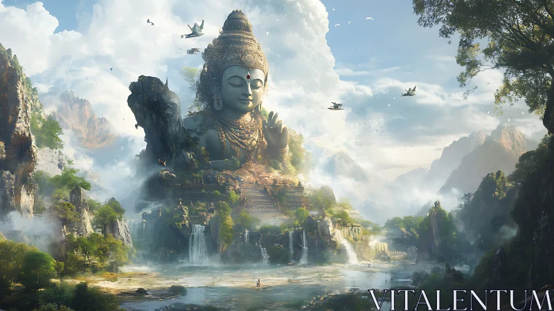 Colossal mountain deity statue above misty waterfalls.