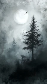 Solitary evergreen stands before full moon in dense fog