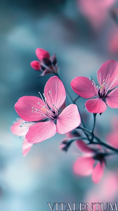 Pink Cherry Blossoms Dance in Dreamy Blue Softness