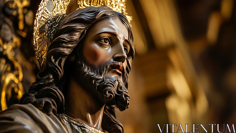 Regal wooden Christ sculpture glows in warm cathedral light.