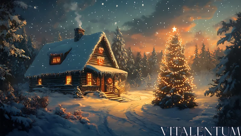 Snowy log cabin with lit Christmas tree at dusk