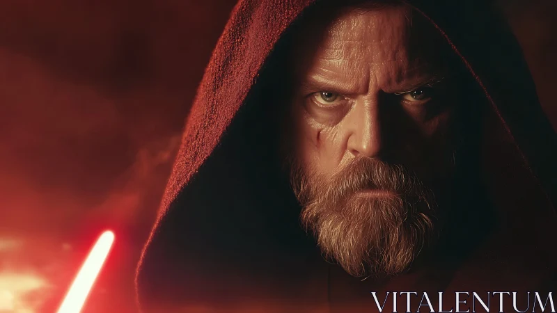 Hooded warrior portrait in cinematic red rim lighting focus.