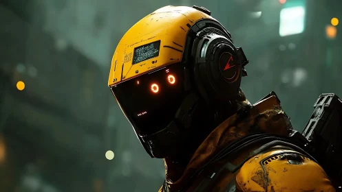 Curious yellow robot pauses in the neon soaked night streets.