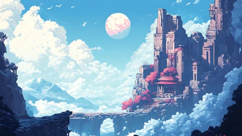 Skyward citadel crowns floating cliffs under painted moon.