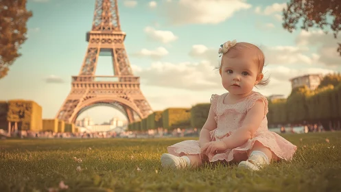 Paris daydream: tiny traveler under a honeyed Eiffel sky.