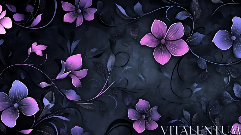 Purple Flowers on Dark Background with Elegant Vines.