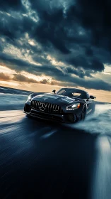 Black Mercedes sports car speeds on wet road at sunset.
